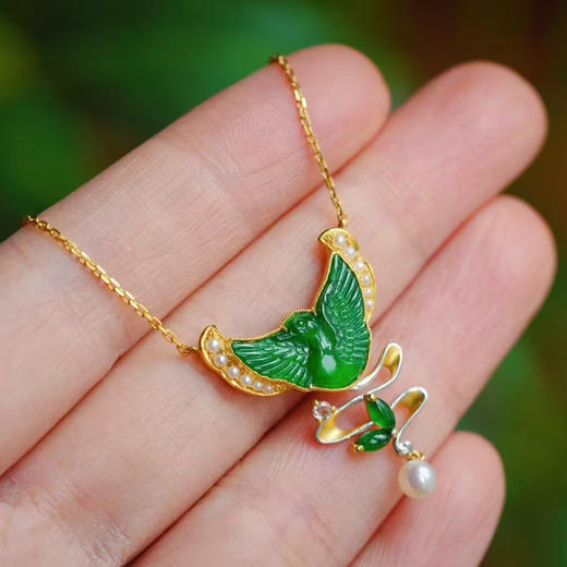 龢盒原创 18k金镶春鸟点水冰绿翡翠锁骨链项链 商品图2