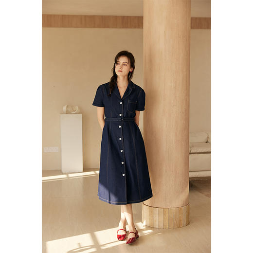 HeyDress复古翻领牛仔连衣裙女夏季法式收腰显瘦设计气质a字裙 商品图1