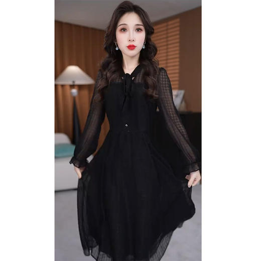 春秋妈妈气质长袖纯黑裙子中长款连衣裙QYM-DL0282 商品图4