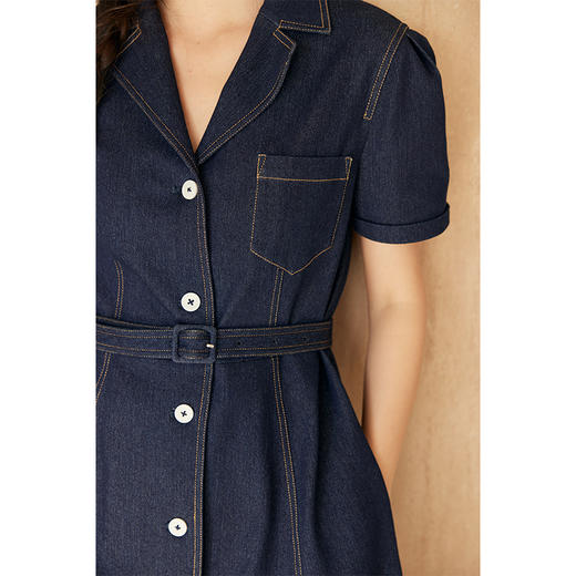 HeyDress复古翻领牛仔连衣裙女夏季法式收腰显瘦设计气质a字裙 商品图2