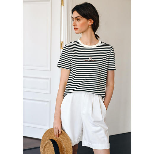 OLrain欧芮儿黑白条纹T恤女夏季2025年新款复古绣花圆领休闲上衣 商品图3