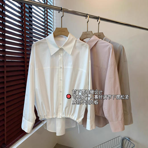 早春新款 100棉透气翻领长袖圆弧抽绳下摆长袖白衬衫上衣女款 ！ 商品图5