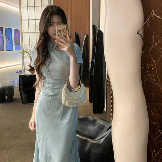 西遇新中式改良旗袍长裙女新款提花盘扣收腰短袖连衣裙SS150112 商品图2