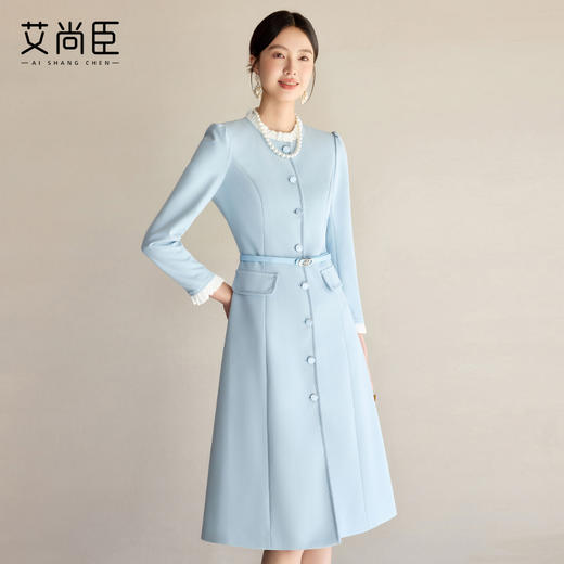 艾尚臣通勤连衣裙女2025早春新款蓝色简约长袖收腰显瘦裙子工作服 商品图3
