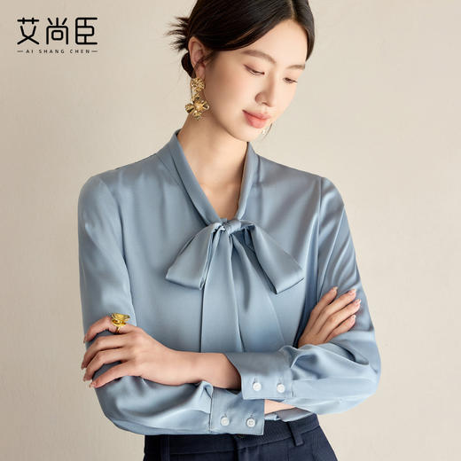 艾尚臣雾霾蓝衬衫女2025年新款蝴蝶结领长袖衬衣早春百搭飘带上衣 商品图0
