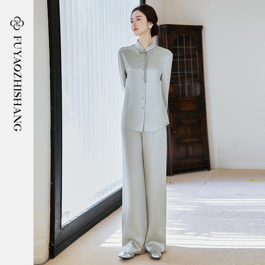 FUYAO扶摇 醋酸缎面衬衫两件套女2025春季新款中国风长袖衬衣套装 商品图3
