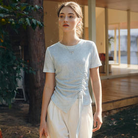 OLrain欧芮儿蓝色短袖T恤女夏季2025年新款时尚不规则抽褶上衣