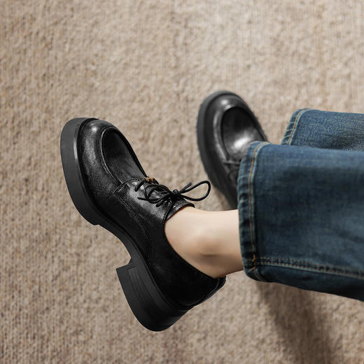 阿么手工女鞋复古英伦风系带小皮鞋春季5CM厚底日常百搭真皮单鞋 商品图3