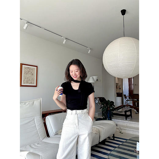 HeyDress飘带圆领T恤女夏季法式宽松显瘦简约百搭短袖白色上衣 商品图3