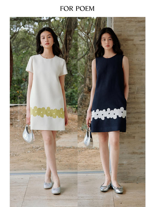 ForPoem 现货 25/SS原创设计撞色贴布花朵醋酸短袖无袖连衣裙 商品图0
