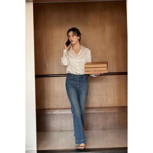 HeyDress四面弹微喇牛仔裤女春季法式复古修身直筒裤通勤百搭裤子 商品图3