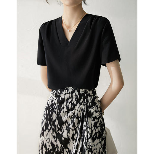 V领轻奢弹力，重绉桑蚕丝真丝T恤上衣CZ3054 商品图0