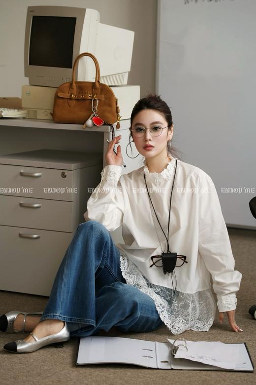 【门店同款】ENJOY春季盐貌似糖网纱花边下摆衬衫 161850911 商品图2