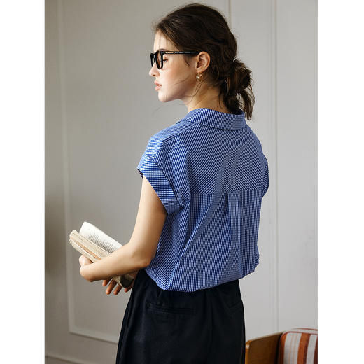 OLrain欧芮儿蓝色格子衬衫女夏季2025年新款通勤高级感连肩衬衣 商品图3