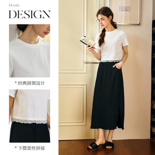 OLrain欧芮儿2025春夏新款白色简约百搭下摆拼接蕾丝边圆领T恤女 商品图1