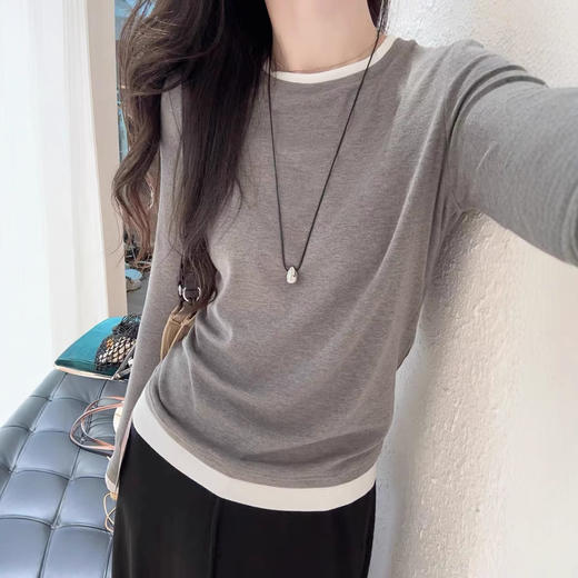 神仙配色！2025新款假两件拼接休闲减龄长袖T恤女打底衫上衣内搭春 商品图2