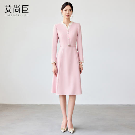 艾尚臣粉色连衣裙女花边领气质女神范2025新款气质中长职业装裙子 商品图4