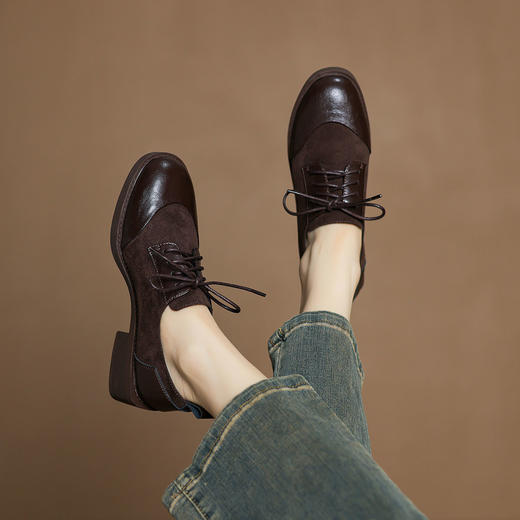 阿么手工女鞋英伦风拼接系带休闲皮鞋百搭软底不累脚春季新款4CM 商品图2