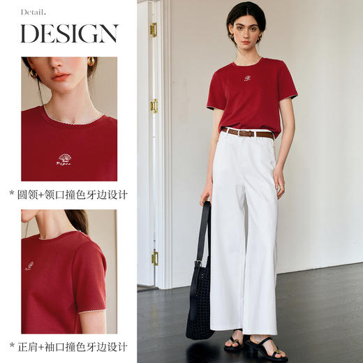 OLrain欧芮儿红色复古T恤女夏季2025年新款休闲简约针织圆领上衣 商品图1