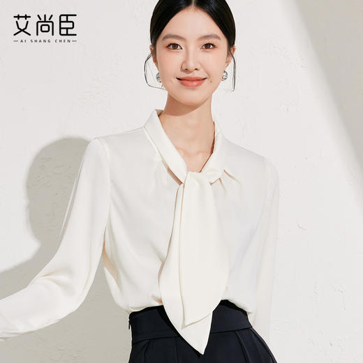 艾尚臣长袖衬衫女2025新款轻熟风设计感杏色兔耳朵系带高级感衬衣 商品图0