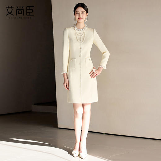 艾尚臣花边领小香风连衣裙女2025春季新款长袖修身显瘦中长西装裙 商品图3