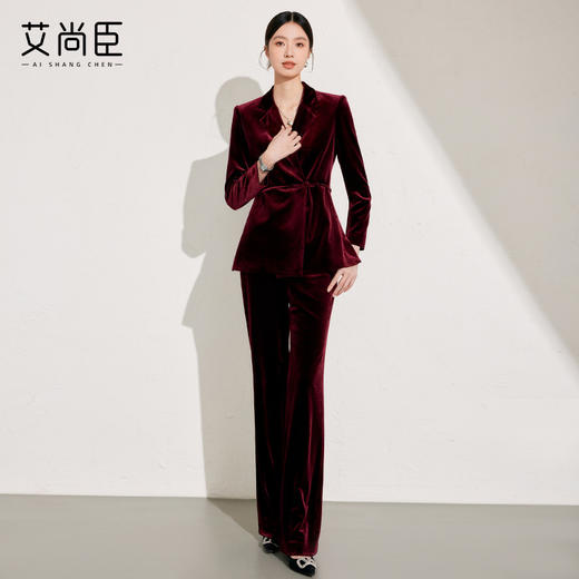 艾尚臣酒红丝绒西装外套女秋冬季显瘦修身新款高级感年会西服套装 商品图3