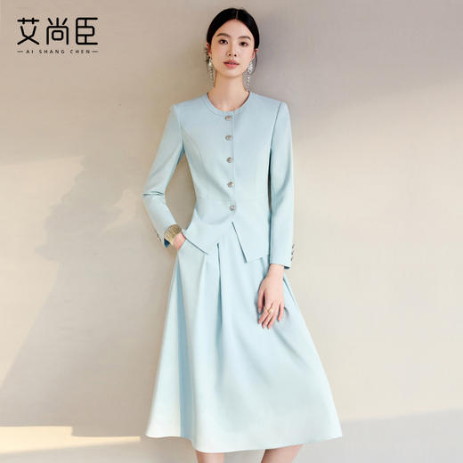 艾尚臣冰川蓝主持人西装套装女气质女神范西服职业套裙播音两件套 商品图1
