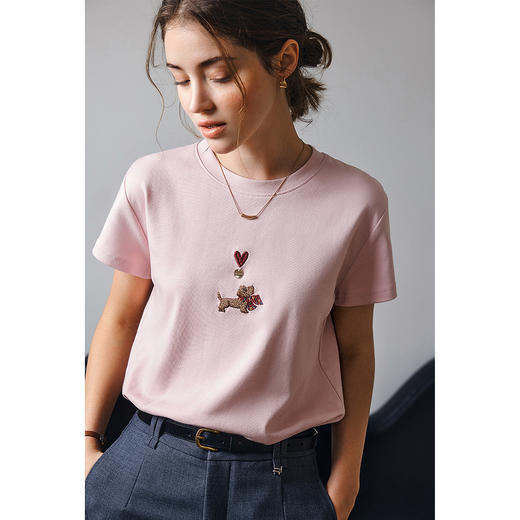 OLrain欧芮儿粉色短袖T恤女夏季2025年新款休闲百搭刺绣上衣 商品图2