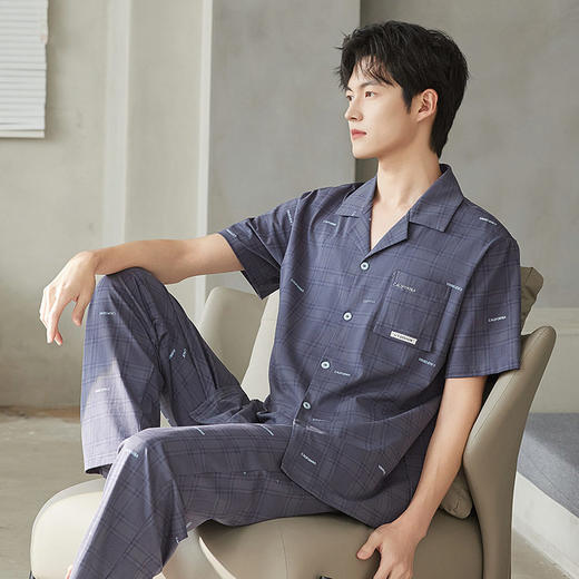 新款夏季男士睡衣纯棉短袖长裤可外穿爽棉翻领家居服开衫套装    JL-TMZ5521 商品图0