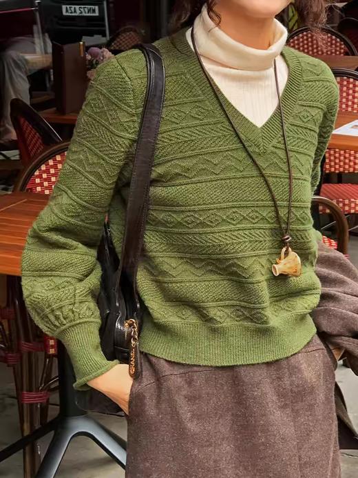 浮生八记/24C121/V领阿兰织法羊腿袖渔夫毛衣 商品图0