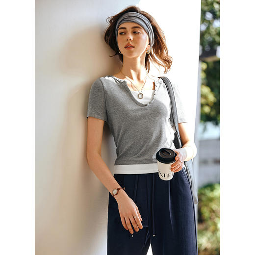 Olrain欧芮儿2025夏季新款假两件正肩设计简约休闲修身显瘦T恤女 商品图2