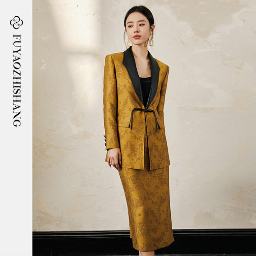 FUYAO扶摇 浮雕提花西装套裙春季新款拼接皮宽松西服半身裙两件套 商品图1