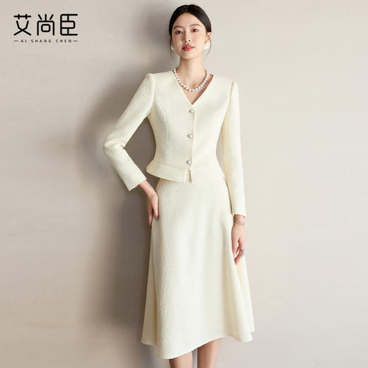 艾尚臣2025春季新款小香风套装女粗花呢编织收腰外套半身裙两件套 商品图0