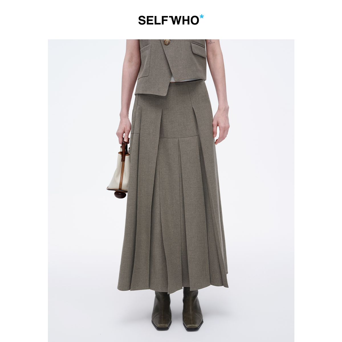 SELFWHO不规则百褶裙女2025春季新款高腰休闲气质中长款a字半身裙