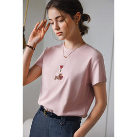 OLrain欧芮儿粉色短袖T恤女夏季2025年新款休闲百搭刺绣上衣