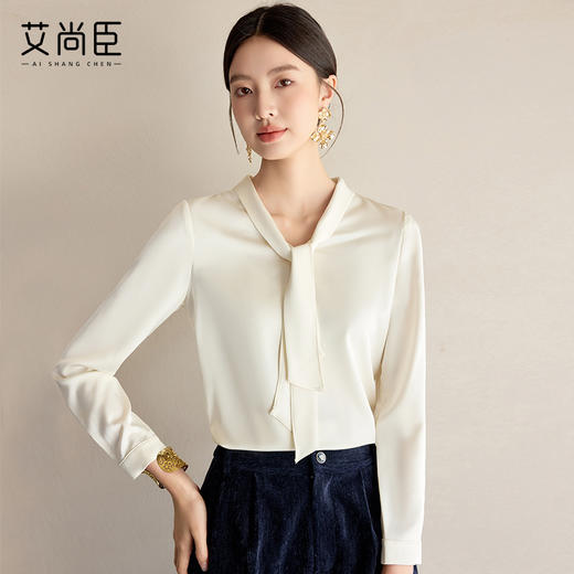艾尚臣通勤杏色衬衣设计感小众法式小衫飘带衬衫女长袖面试上衣春 商品图3