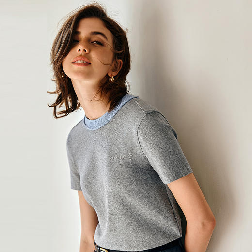 欧芮儿2025夏季新款撞色绣花经典拼色百搭圆领短袖针织T恤女上衣 商品图1