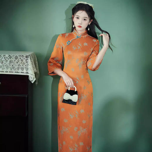 改良日风修身，提花丝绸橙色旗袍XL1138 商品图4