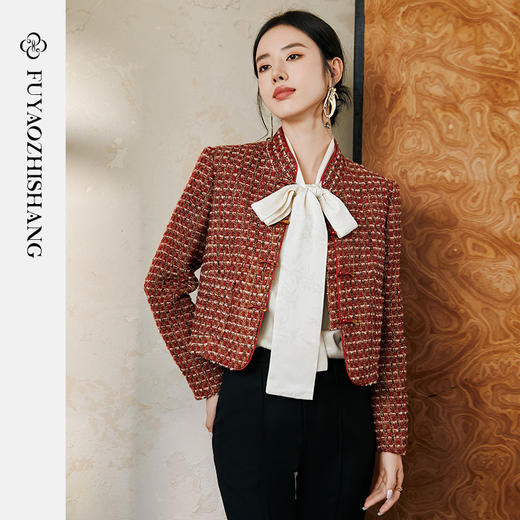 FUYAO扶摇 红色彩呢精纺羊毛短外套女春季编织立领经典小香风上衣 商品图0