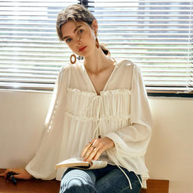 OLrain欧芮儿米杏色V领雪纺衫女春季2025年新款设计感度假风衬衣