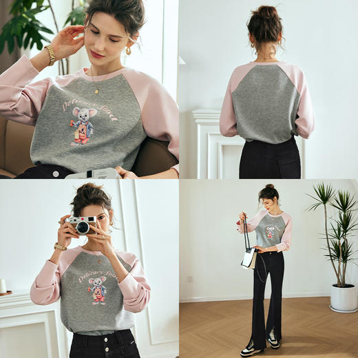 
OLrain欧芮儿法式拼色长袖T恤女春季2025新款减龄宽松插肩袖上衣 商品图1