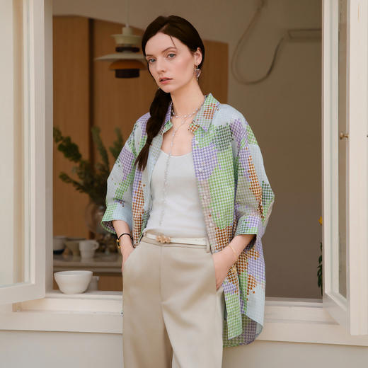 谜底大廓形衬衫女2025夏季新款原创印花七分袖宽松衬衣256MC6015 商品图1