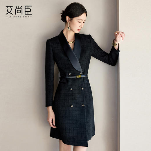艾尚臣黑色不规则连衣裙女春季小香风通勤职业装裙子轻熟风西装裙 商品图0