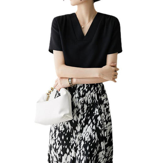 V领轻奢弹力，重绉桑蚕丝真丝T恤上衣CZ3054 商品图2