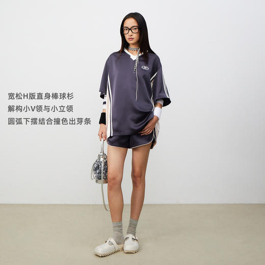 lost in echo2025春夏新款宽松休闲缎面V领短袖棒球衫T恤运动短裤 商品图1