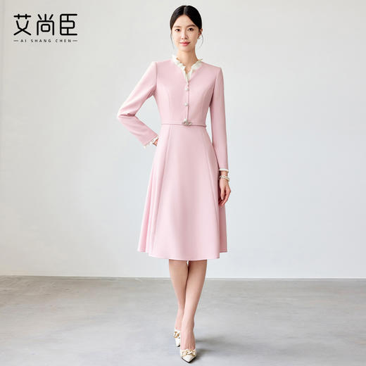 艾尚臣粉色连衣裙女花边领气质女神范2025新款气质中长职业装裙子 商品图2