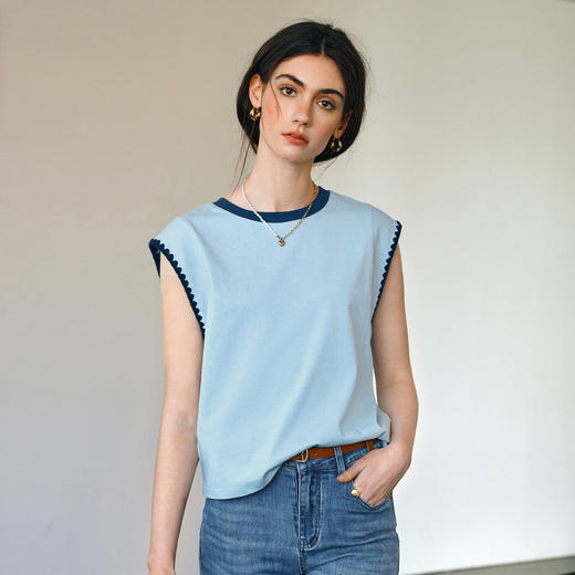 OLrain欧芮儿2025年新款休闲撞色无袖复古T恤拼接圆领女宽松上衣 商品图3