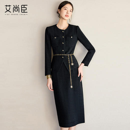 艾尚臣黑色圆领西装套裙2025新款气质优雅高端粗花呢小香风套装女 商品图0