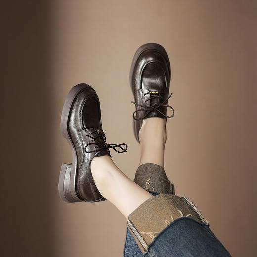 阿么手工女鞋复古英伦风系带小皮鞋春季5CM厚底日常百搭真皮单鞋 商品图2