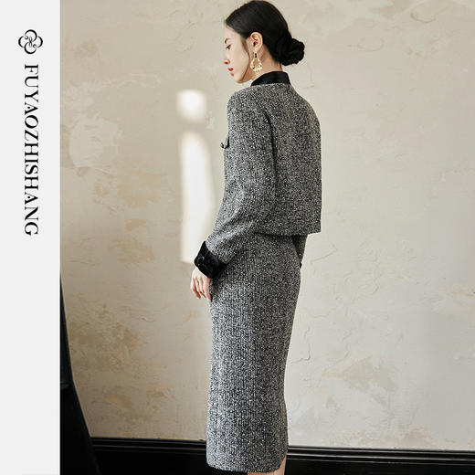 FUYAO扶摇 奢贵羊毛短外套早春新款粗花呢收腰上衣半裙小香风套装 商品图4